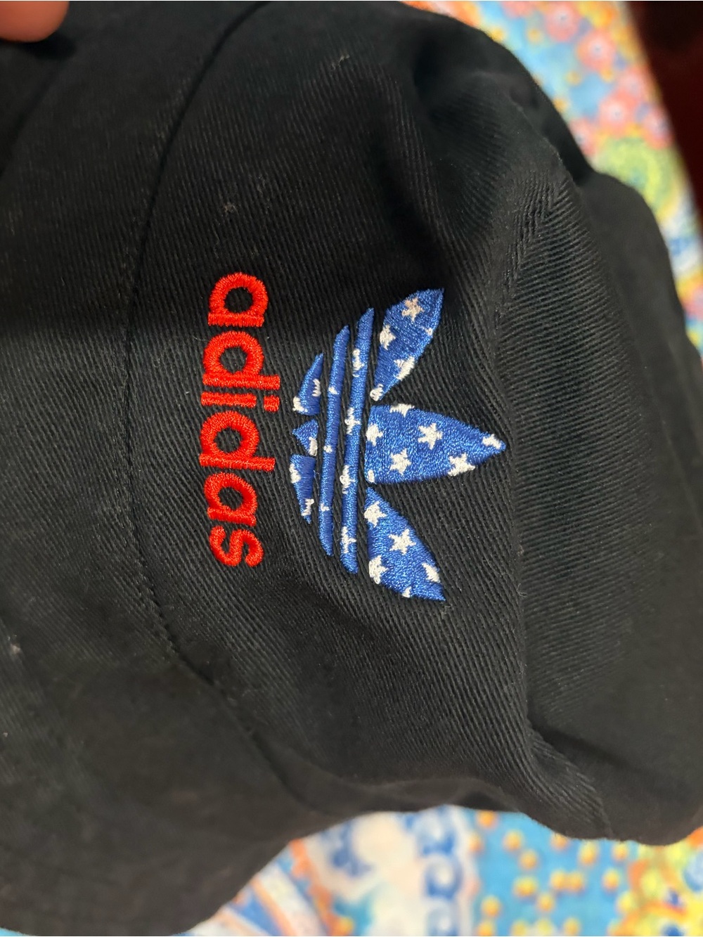 adidas Black Cap with Blue Star Trefoil and Red Logo